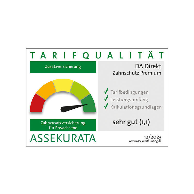 Assekurata Siegel für eine sehr gute Tarifqualität des Zahnzusatz-Tarifs Premium der DA Direkt Zahnzusatzversicherung
