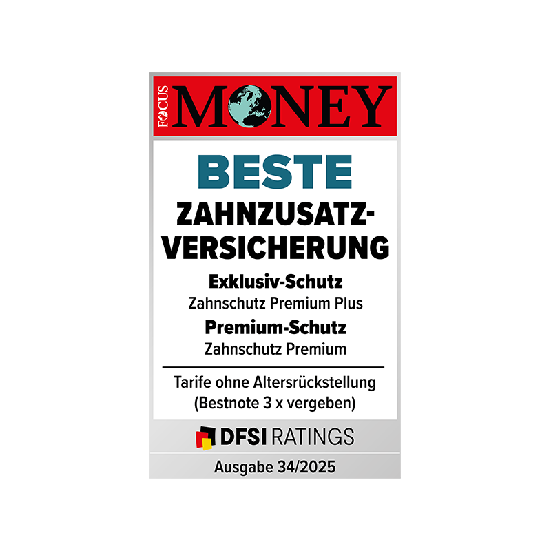 Fokus Money Siegel in der Kategorie Beste Zahnzusatzversicherung für die Tarife Premium Plus und Premium
