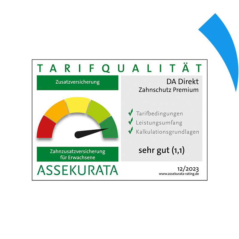 Assekurata Siegel für eine sehr gute Tarifqualität des Zahnzusatz-Tarifs Premium der DA Direkt Zahnzusatzversicherung 12/2023