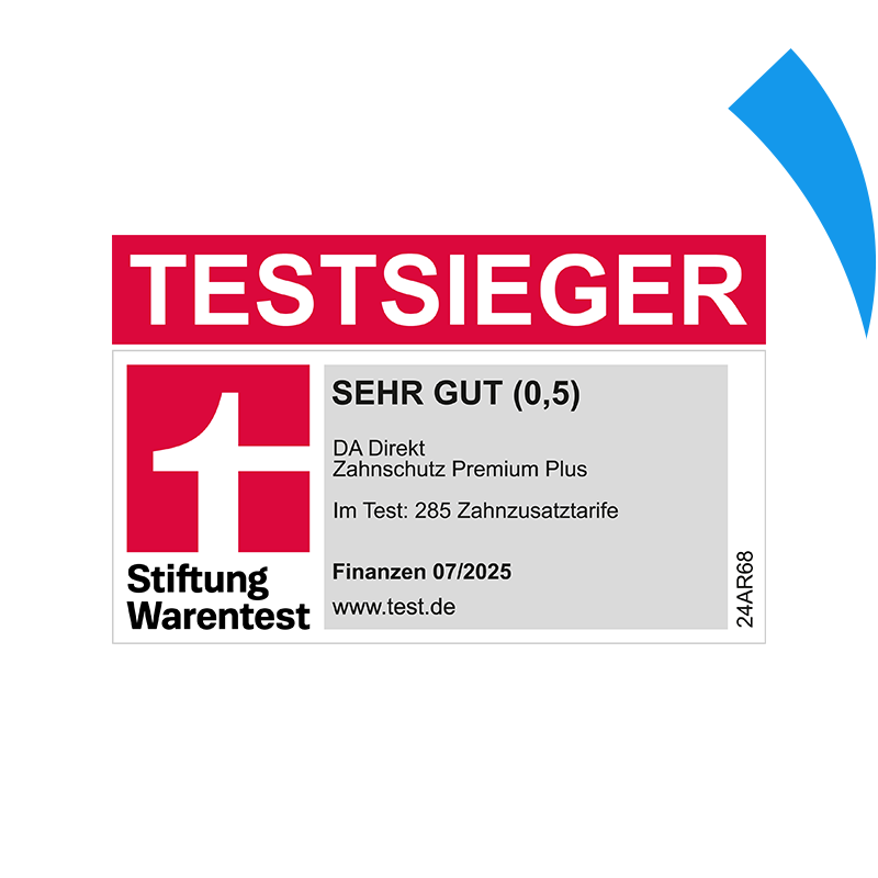 Stiftung Warentest Siegel für den Testsieger mit Note SEHR GUT für die DA Direkt Zahnzusatzversicherung zum sechsten Mal in Folge 07/2025