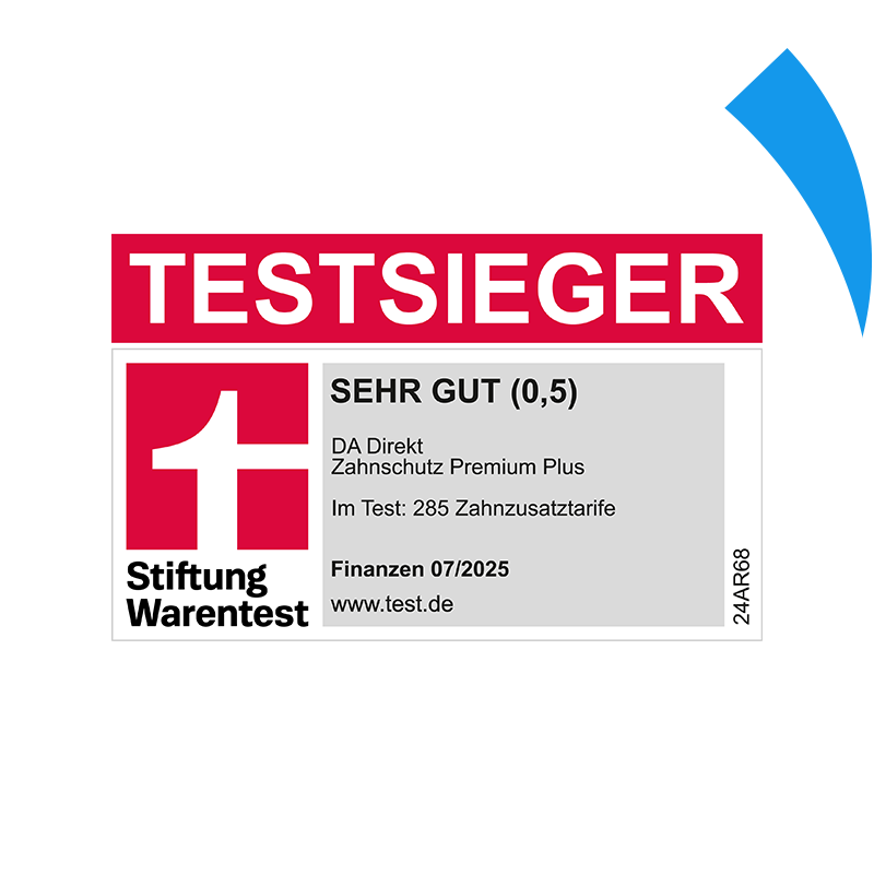 Stiftung Warentest Siegel für den Testsieger mit Note SEHR GUT für die DA Direkt Zahnzusatzversicherung zum sechsten Mal in Folge 07/2025