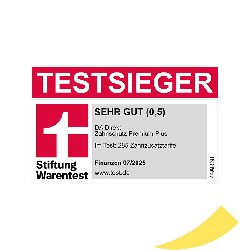 Stiftung Warentest Siegel für den Testsieger mit Note SEHR GUT für die DA Direkt Zahnzusatzversicherung zum sechsten Mal in Folge 07/2025