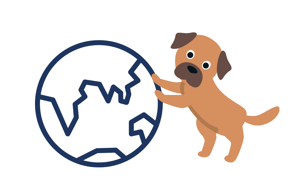 Illustration eines Hundes mit einer Weltkugel