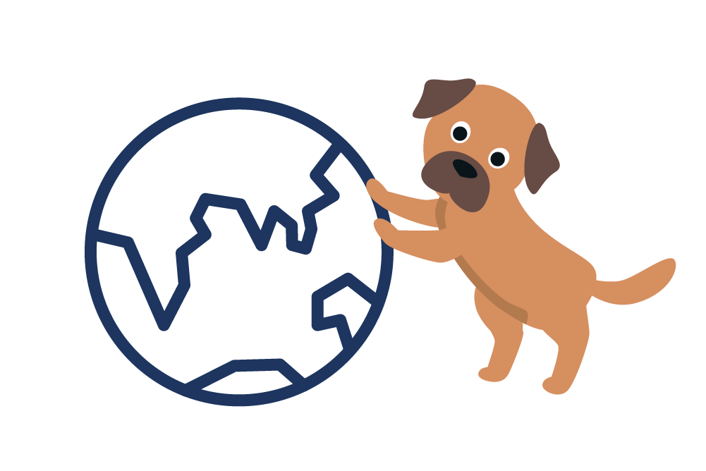 Illustration eines Hundes mit einer Weltkugel
