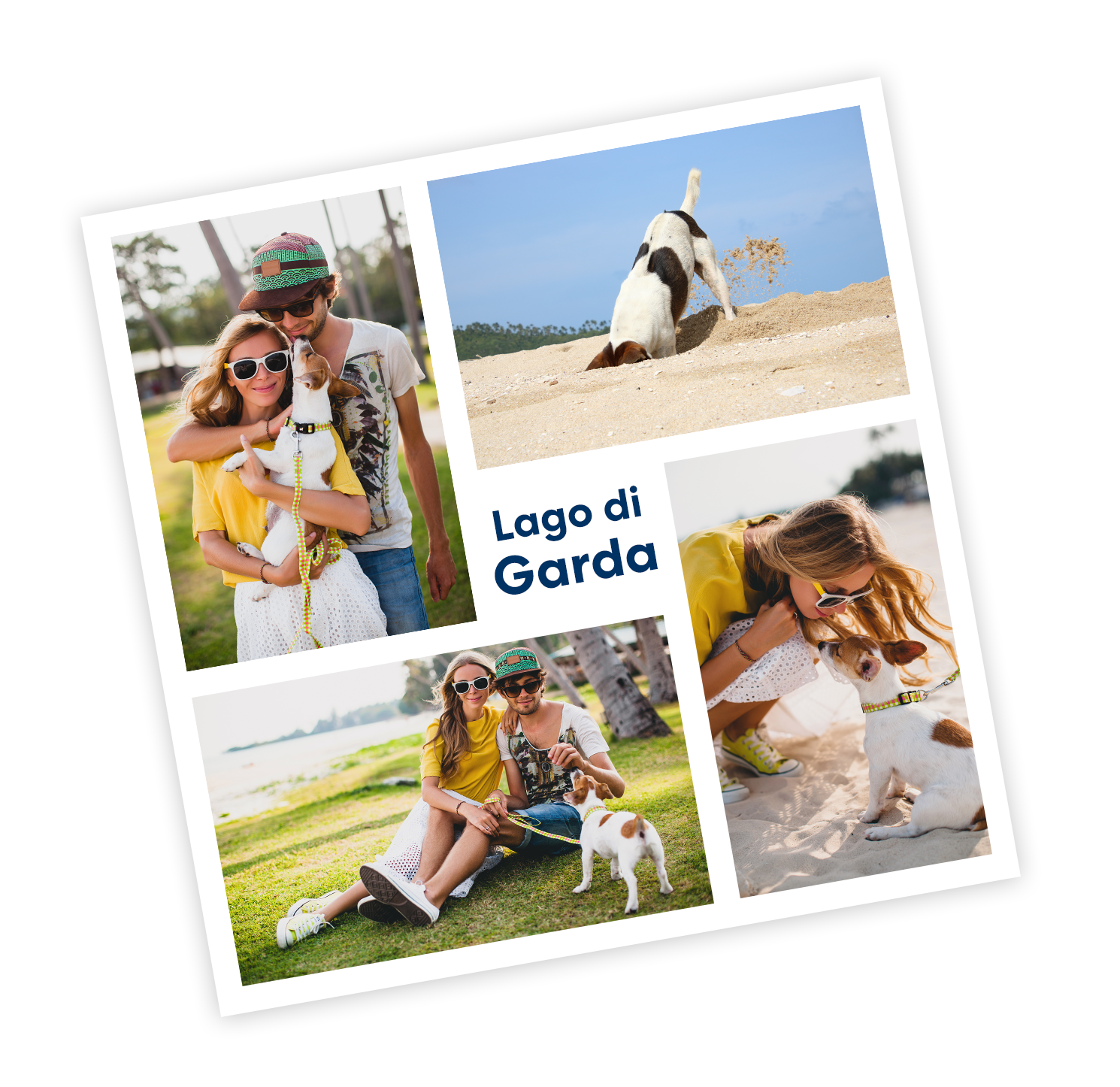 Foto Collage mit einer Frau, einem Mann und einem Hund im Urlaub am Lago di Garda