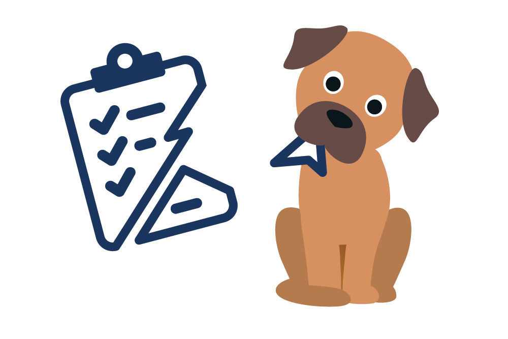 Kleiner Hund hält Papierfetzen von Checkliste im Maul