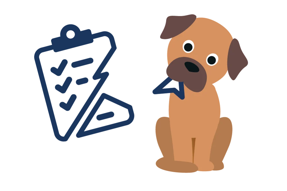 Kleiner Hund hält Papierfetzen von Checkliste im Maul