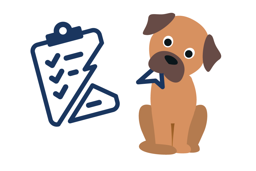 Kleiner Hund hält Papierfetzen von Checkliste im Maul