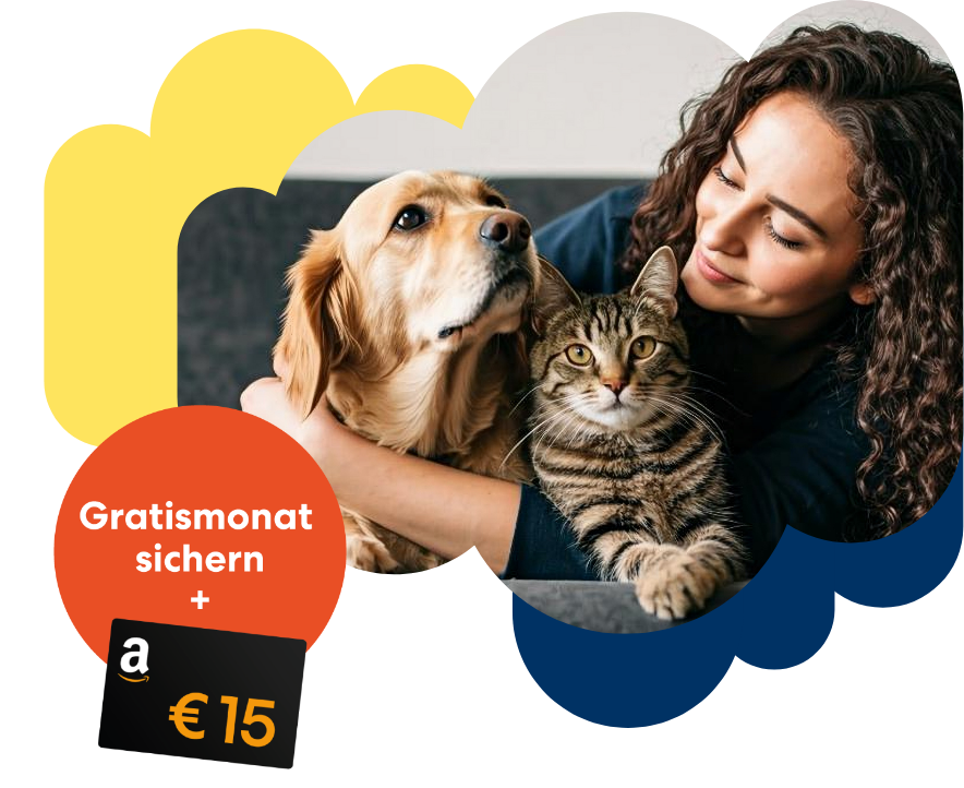 15 Euro Amazon Gutschein und Gratismonat sichern Schriftzug neben einer Fra, die ihren Hund und Katze im Arm hält
