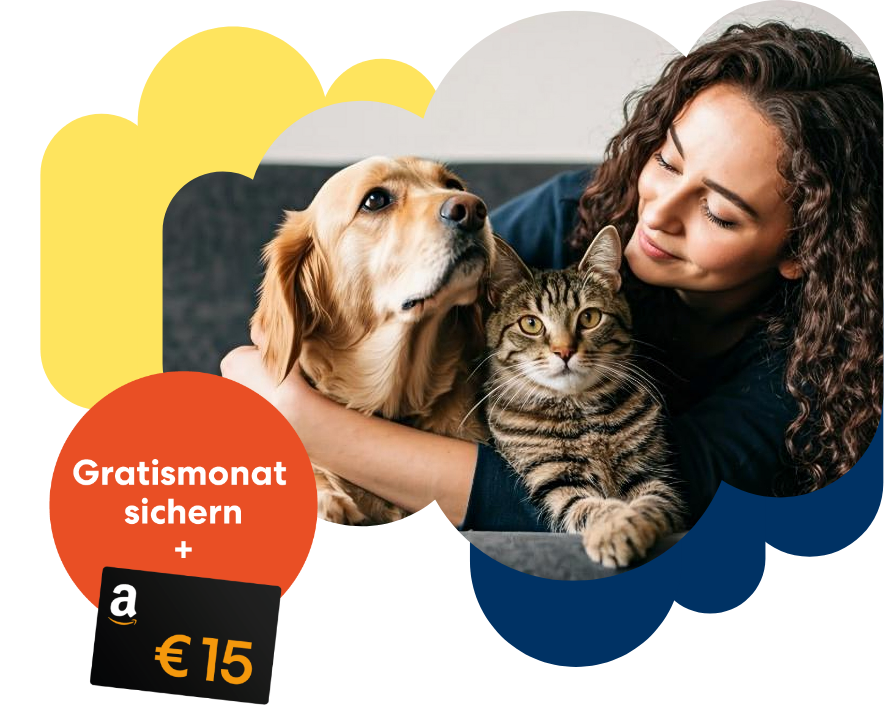 15 Euro Amazon Gutschein und Gratismonat sichern Schriftzug neben einer Fra, die ihren Hund und Katze im Arm hält