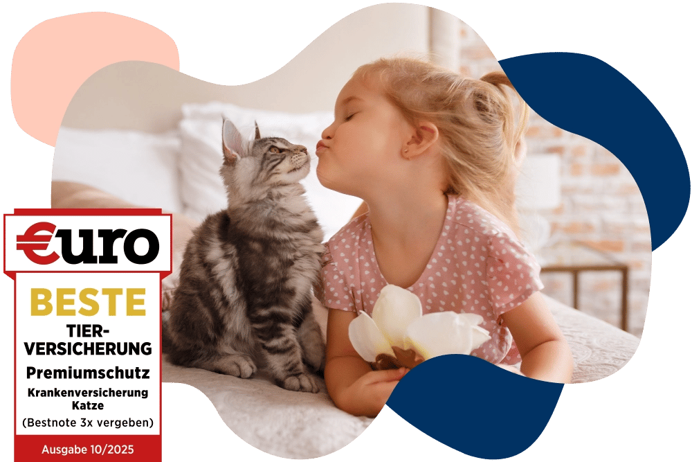 €uro-Magazin Siegel: Beste Tierversicherung für den Premiumschutz der DA Direkt Katzenkrankenversicherung neben einem Mädchen, welches ihrer Katze einen Kuss geben möchte.