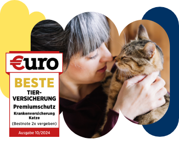 €uro-Magazin Siegel: Beste Tierversicherung für den Premiumschutz der DA Direkt Katzenkrankenversicherung neben einer Frau, die ihre Katze in den Armen hält