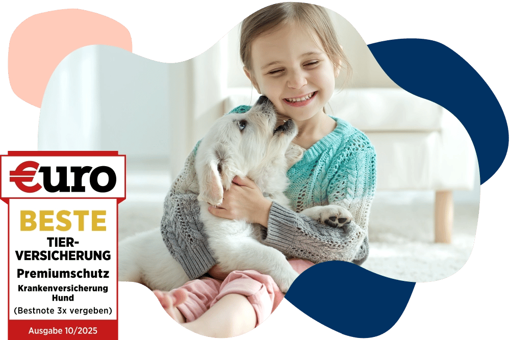 €uro-Magazin Siegel: Beste Tierversicherung für den Premiumschutz der DA Direkt Hundekrankenversicherung neben einem Mädchen, welches mit einem Hund fröhlich spielt