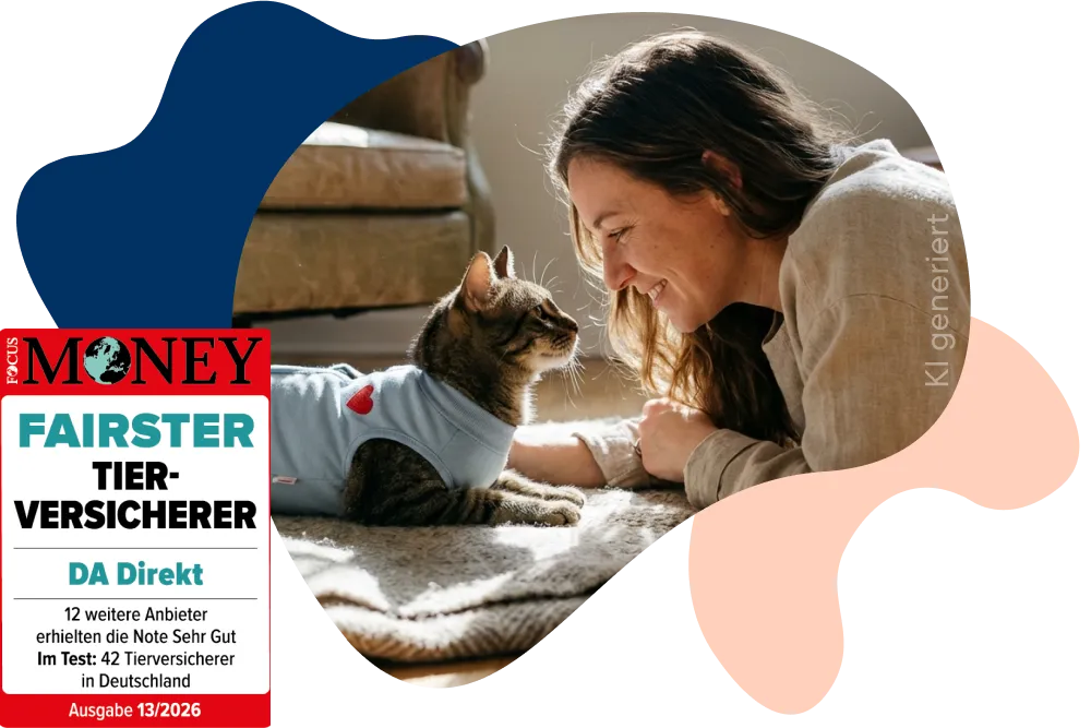 DA Direkt Auszeichnung von Fokus Money. Frau spielt mit Katze im  Wohnzimmer.