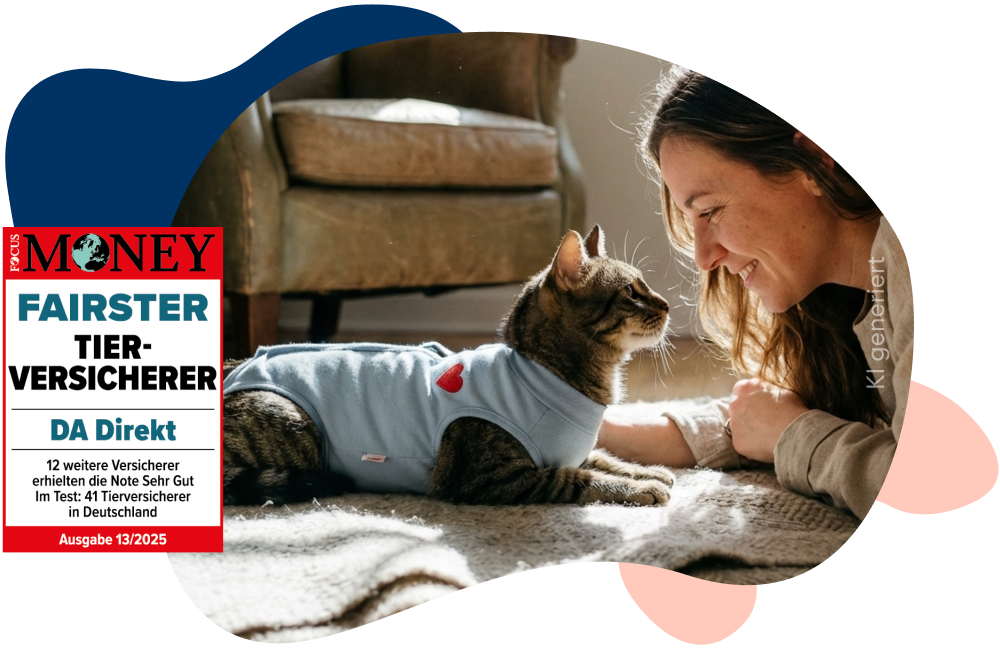 DA Direkt Auszeichnung von Fokus Money. Frau spielt mit Katze im  Wohnzimmer.