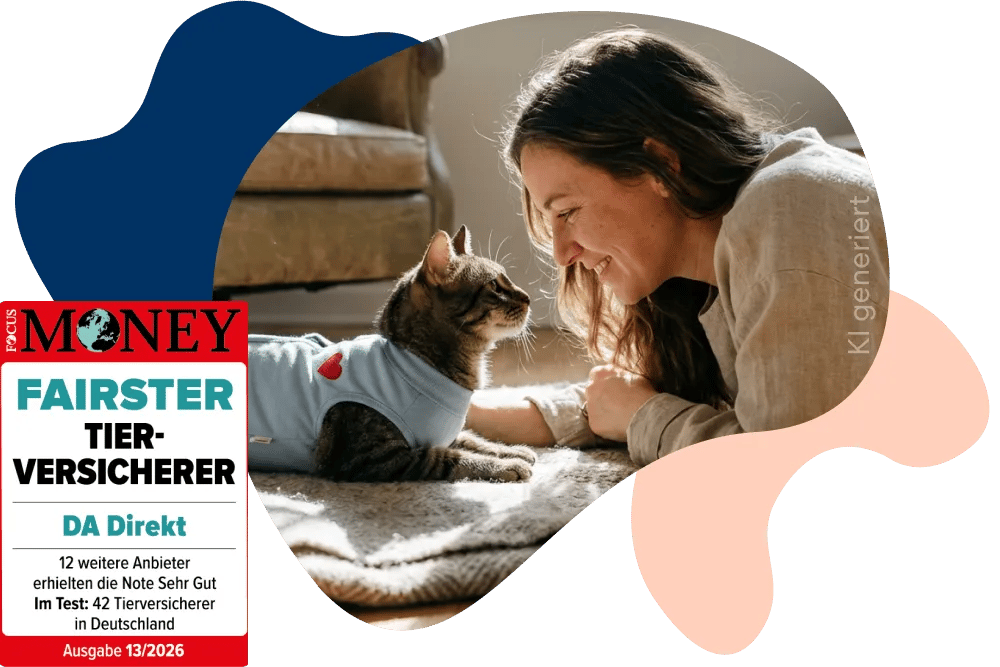 DA Direkt Auszeichnung von Fokus Money. Frau spielt mit Katze im  Wohnzimmer.