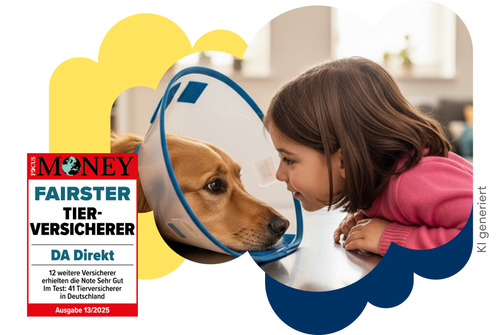 Kind und Hund mit Halskrause nach einer Operation