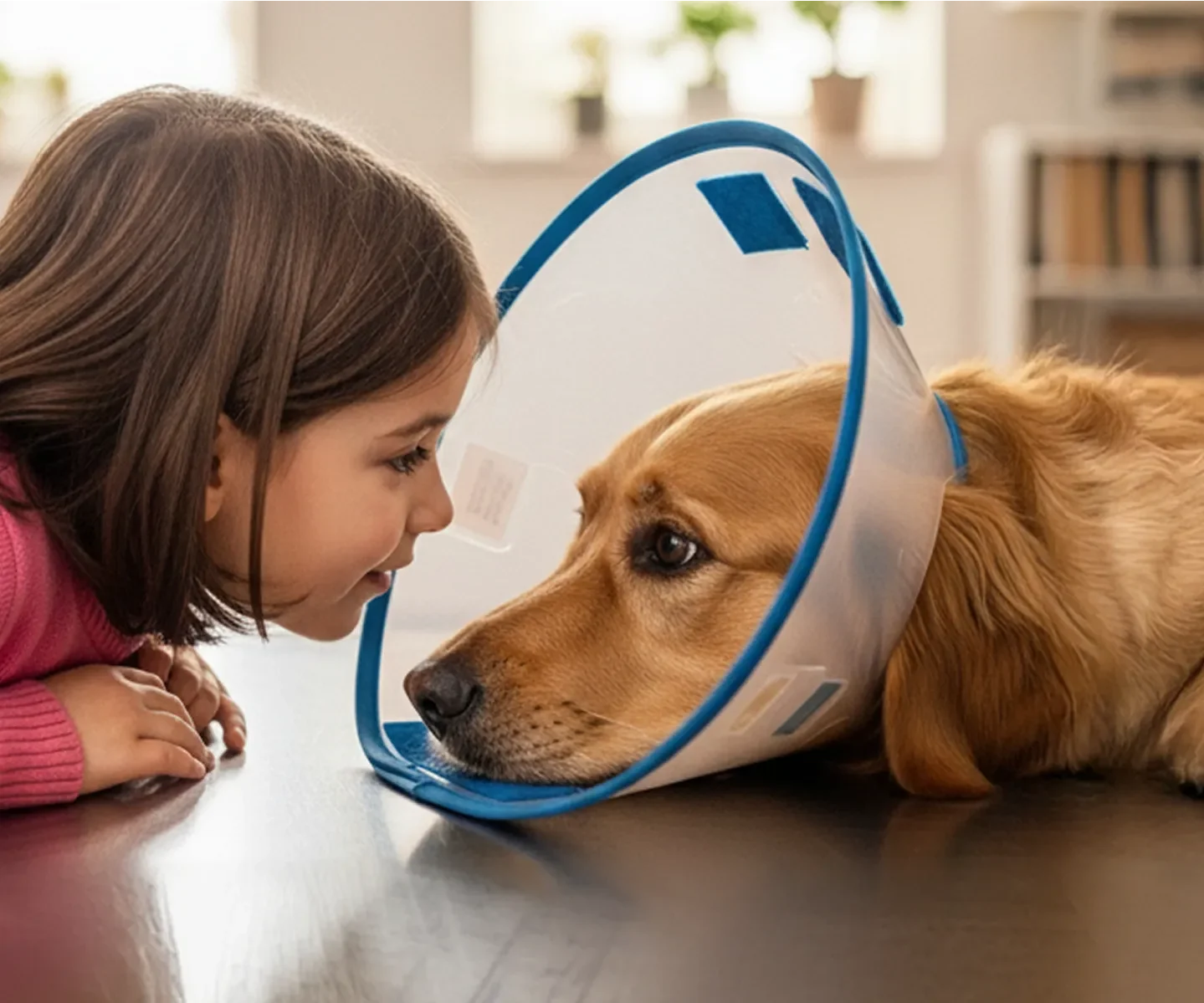 Kind schaut einem Hund mit Halskrause auf Augenhöhe gegenüber, während der Hund auf einem Tisch liegt und in die Kamera blickt | OP-Versicherung für Hunde von DA Direkt