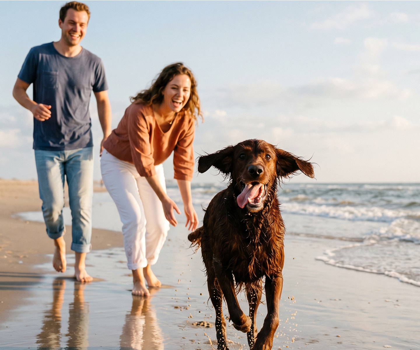 Junger brauner Hund läuft fröhlich mit heraushängender Zunge am Strand auf die Kamera zu, während ein junges Paar barfuß im nassen Sand hinter ihm herläuft; im Hintergrund Meer und blauer Himmel bei warmem Abendlicht.
