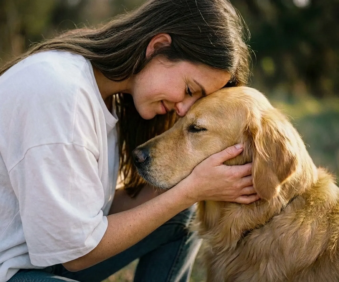 Eine Frau umarmt ihren Hund Stirn an Stirn.