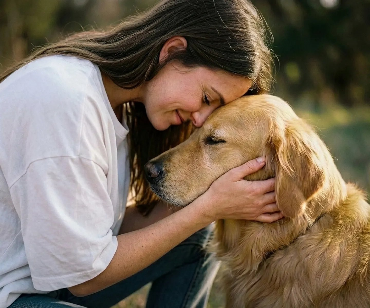 Eine Frau umarmt ihren Hund Stirn an Stirn.