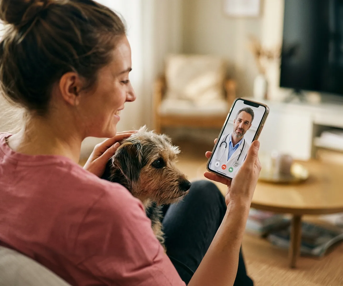 Frau sitzt mit einem Hund auf dem Schoß und führt ein Videotelefonat mit einem Tierarzt über das Smartphone.