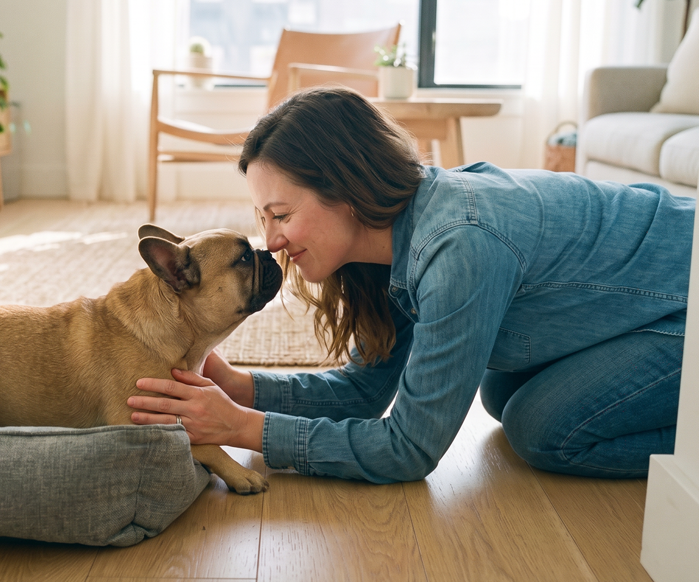 Frau und Bulldogge kuscheln miteinander.
