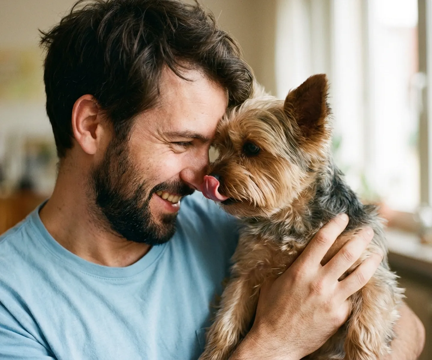 Mann hält einen kleinen Hund auf dem Arm in einer hellen Wohnung.