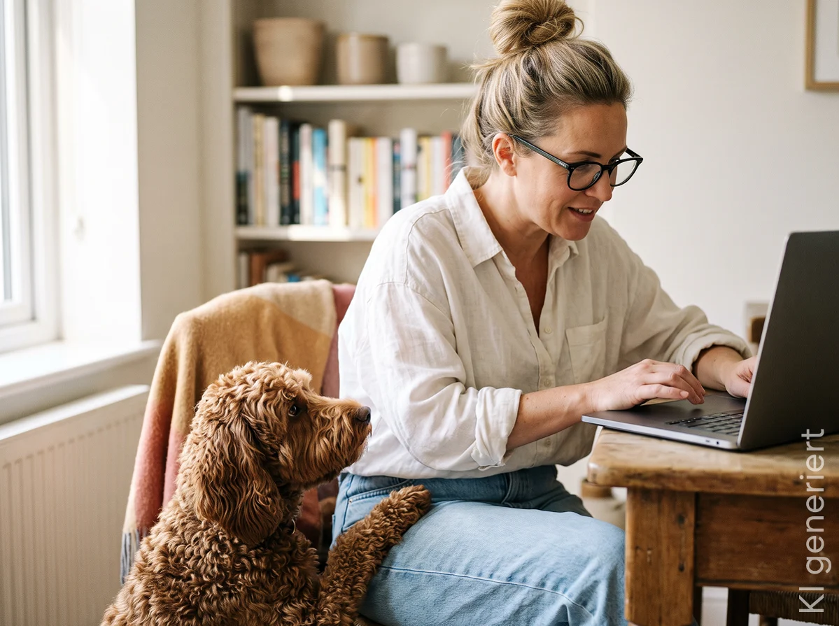 Eine Frau mit Lesebrille sitzt am Laptop und recherchiert; ihr brauner Hund springt neugierig an ihrem Bein hoch.