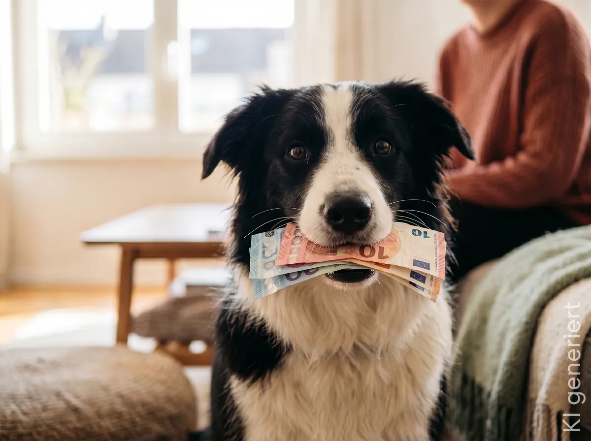 Schwarz weißer Hund hat Geldscheine im Mund.