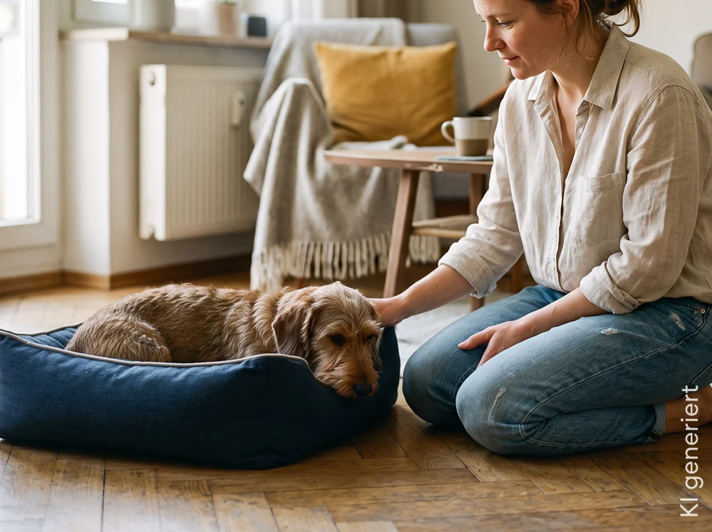 Frau tröstet ihren Hund.