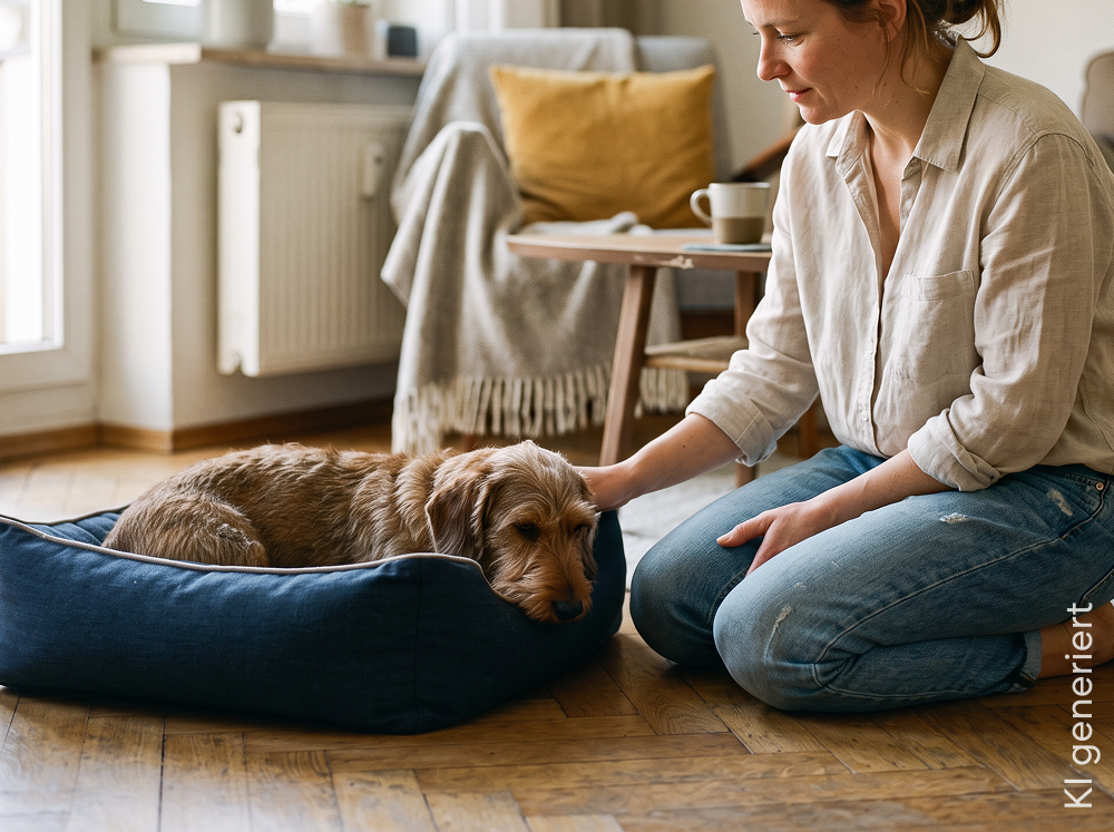 Frau tröstet ihren Hund.