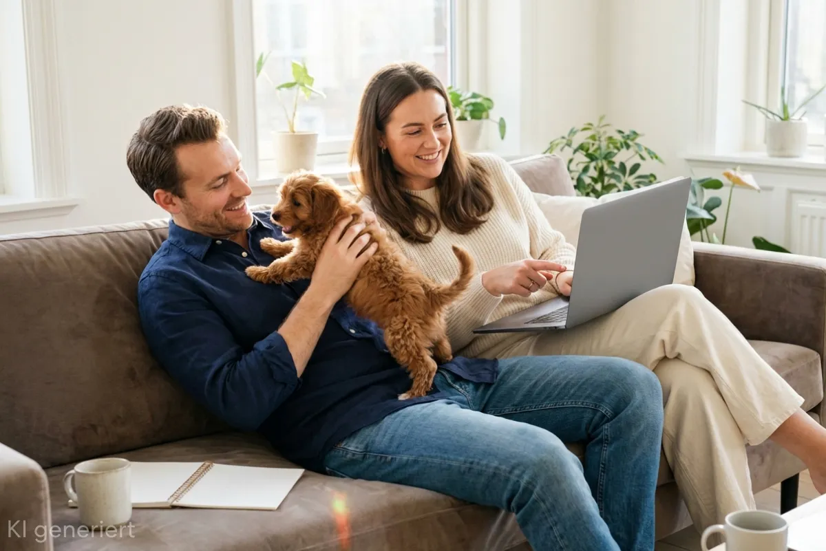 Mann, Frau und Welpe sitzen auf dem Sofa. Frau hat einen Laptop auf dem Schoß.