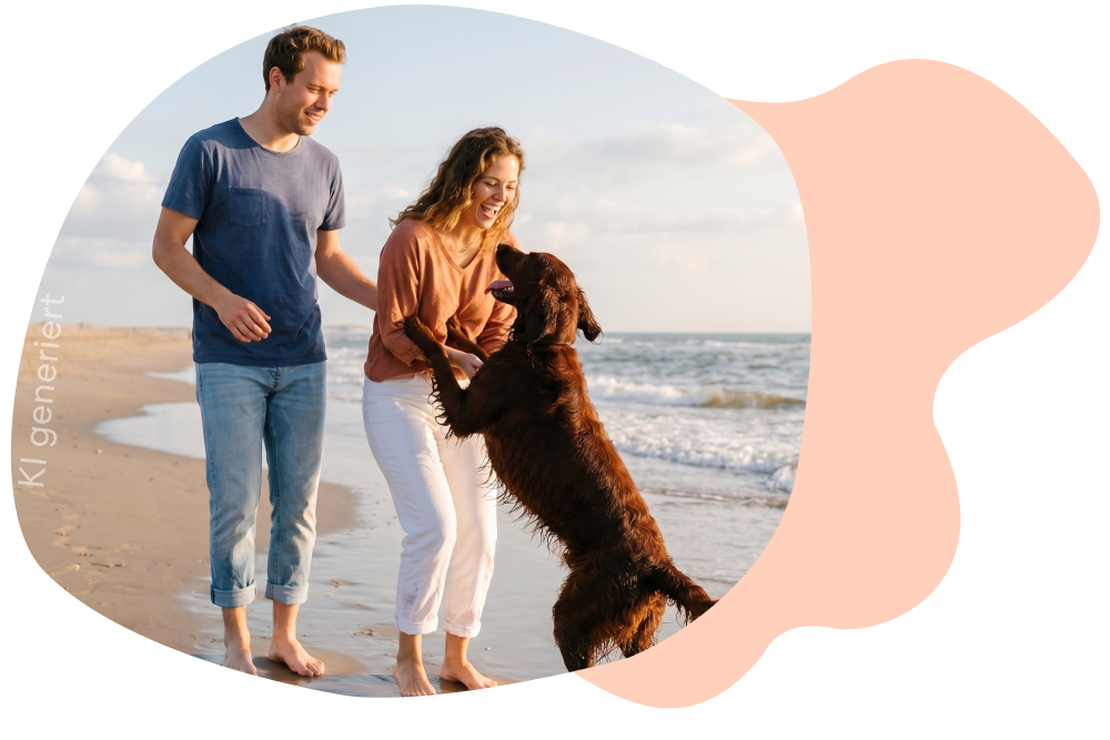 Junges Paar spaziert barfuß am Strand, während ein großer brauner Hund freudig an der Frau hochspringt; im Hintergrund Meer und Himmel.