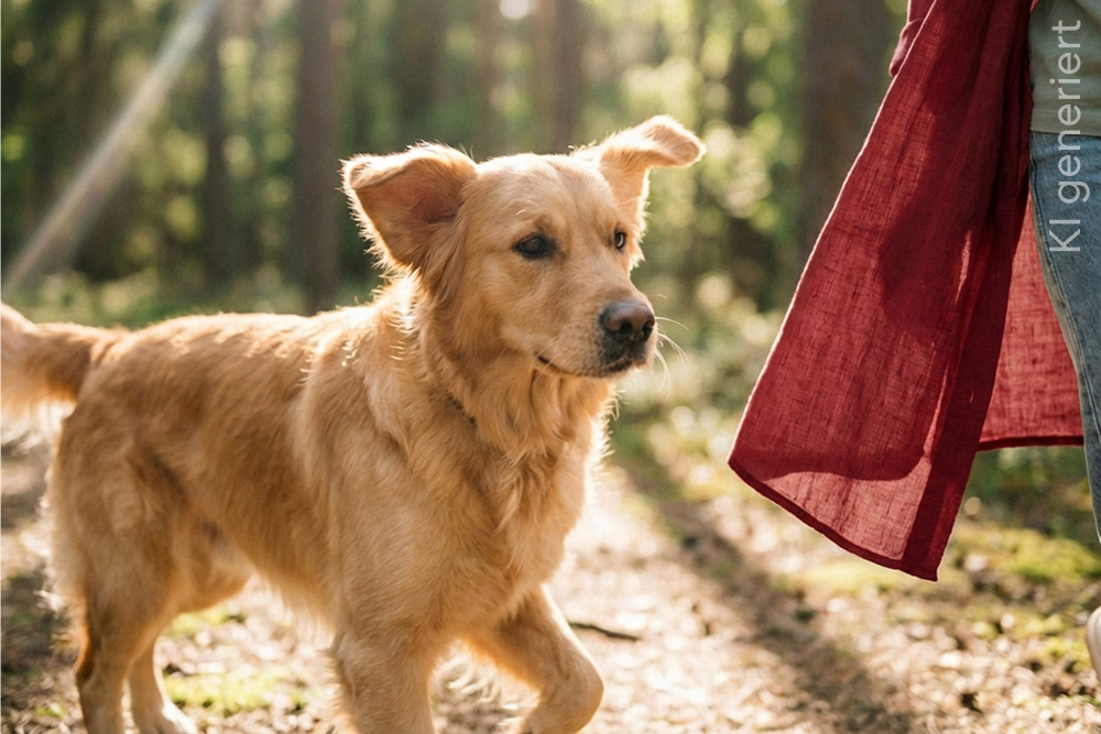 Golden Retriever läuft aufmerksam im Wald, das Licht scheint durch die Bäume.