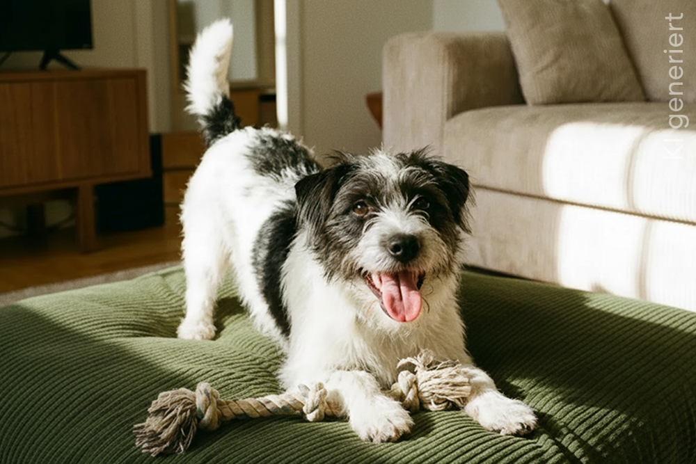 Schwarz-weißer Hund liegt entspannt mit ausgestreckter Zunge auf einem grünen Kissen im Wohnzimmer.