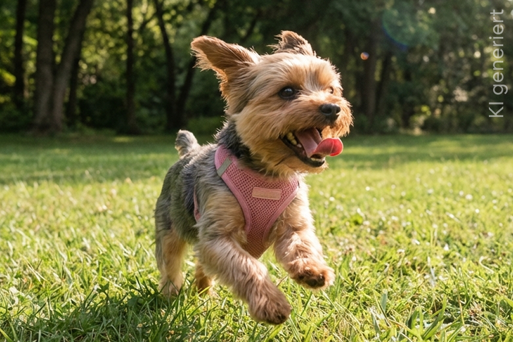 Kleiner Yorkshire Terrier mit rosa Geschirr läuft über eine sonnige Wiese und schaut fröhlich.