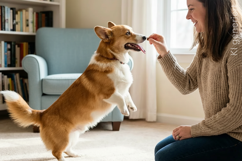 Fröhlicher Corgi springt zu einer Frau, die ihm im Wohnzimmer ein Leckerli anbietet.