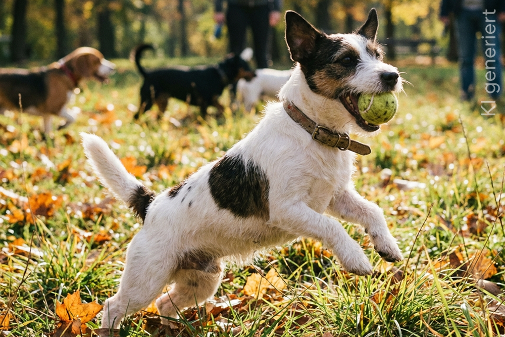Kleiner weiß-brauner Jack Russell Terrier springt lebendig über herbstlich gefärbtes Laub in einem Park und hat einen Tennisball im Maul.