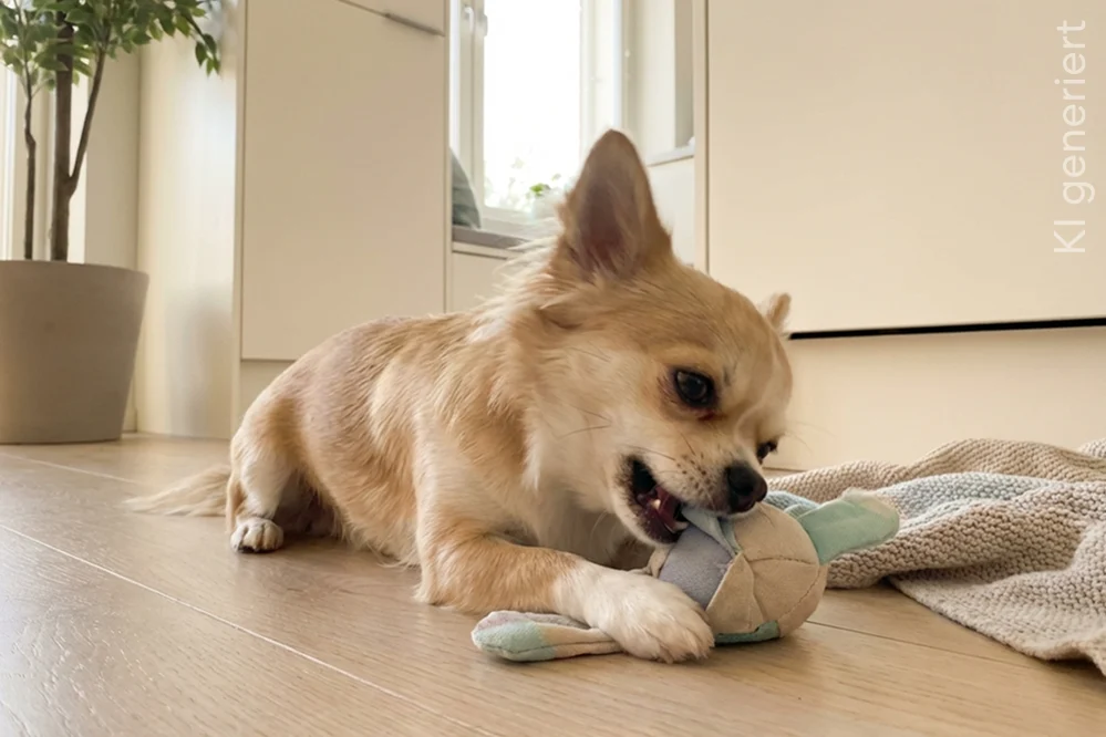 Kleiner Chihuaha Rüde liegt auf einem Holzboden und spielt mit einem Plüschtier im hellen Wohnzimmer.