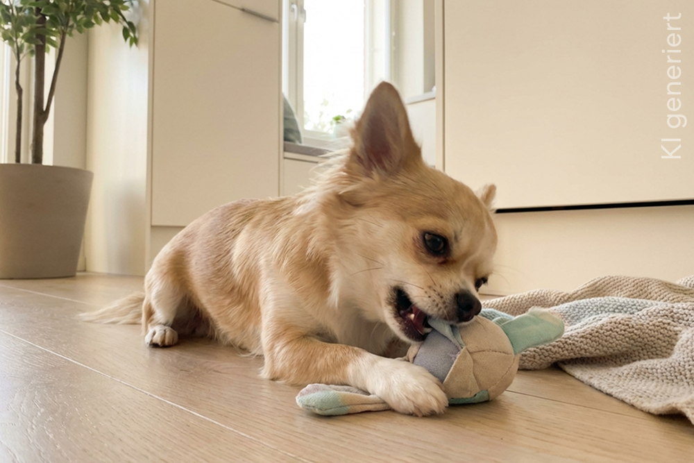 Kleiner Chihuaha Rüde liegt auf einem Holzboden und spielt mit einem Plüschtier im hellen Wohnzimmer.