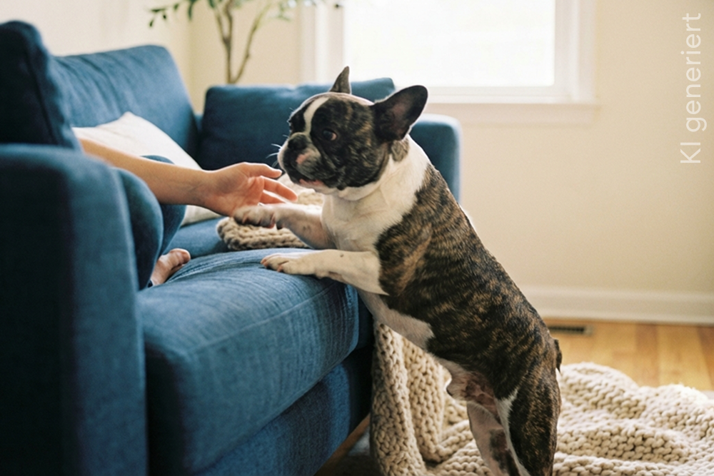 Französische Bulldogge springt verspielt auf ein Sofa in einem hellen Wohnzimmer.
