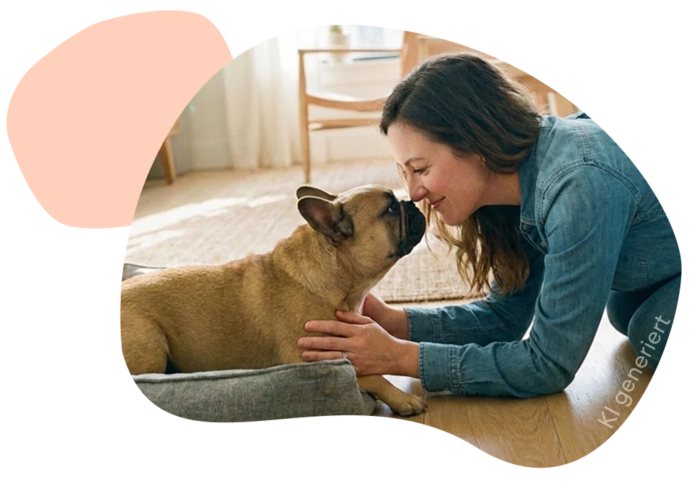 Eine Frau und ihre französische Bulldogge spielen miteinander.