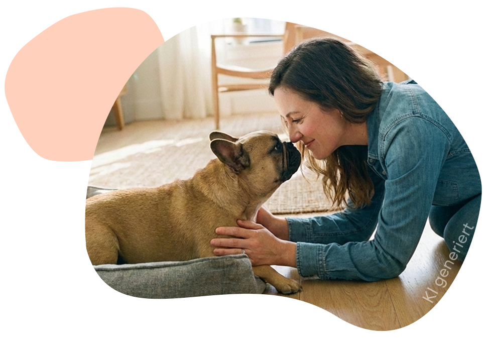 Eine Frau und ihre französische Bulldogge spielen miteinander.