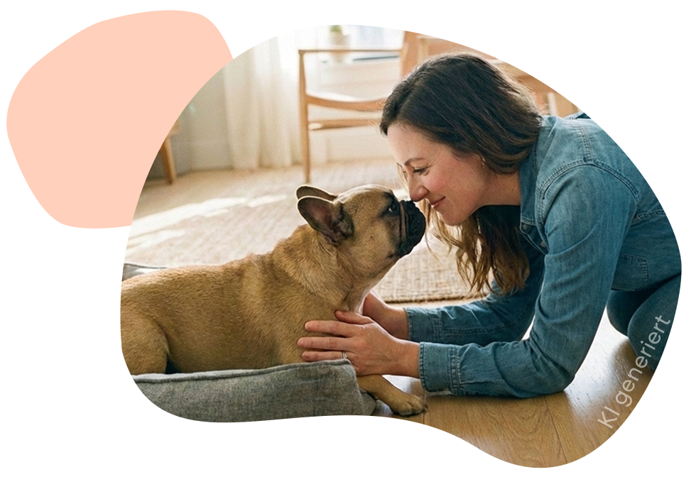 Eine Frau und ihre französische Bulldogge spielen miteinander.