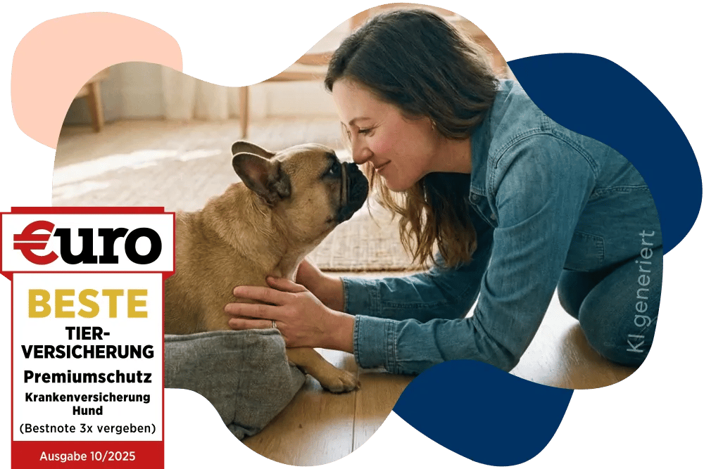 Eine Frau und ihre französische Bulldogge spielen miteinander.