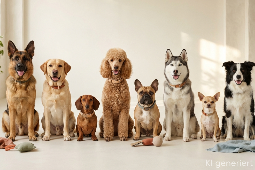 Verschiedene Hunderassen sitzen nebeneinander in einer Reihe in einem hellen Raum. 