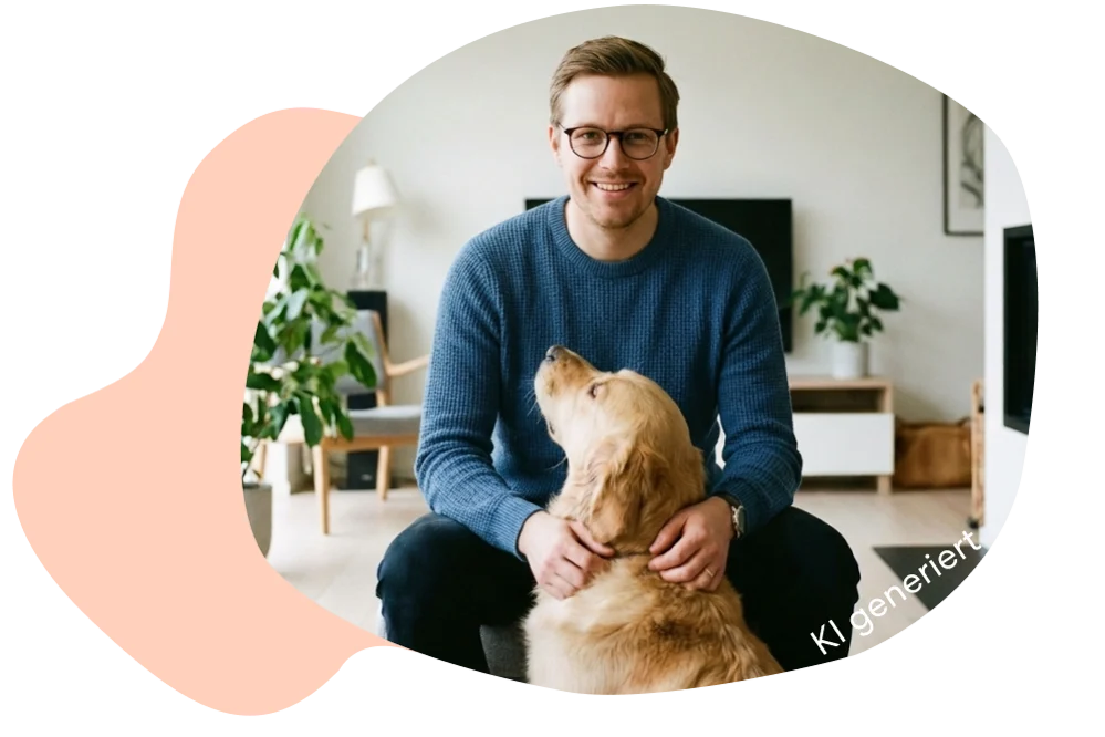 Mann sitzt mit Hund im Wohnzimmer.