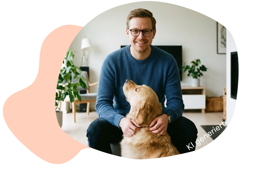 Mann sitzt mit Hund im Wohnzimmer.