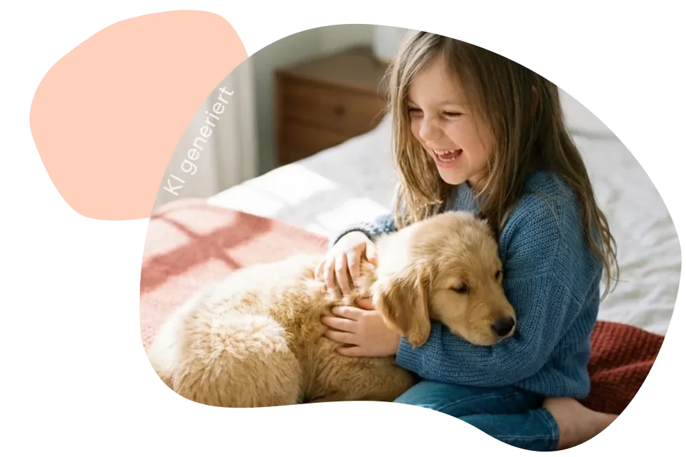 Mädchen sitzt in einem hellen Zimmer auf dem Bett und streichelt einen hellbraunen Welpen, beide im Halbprofil.